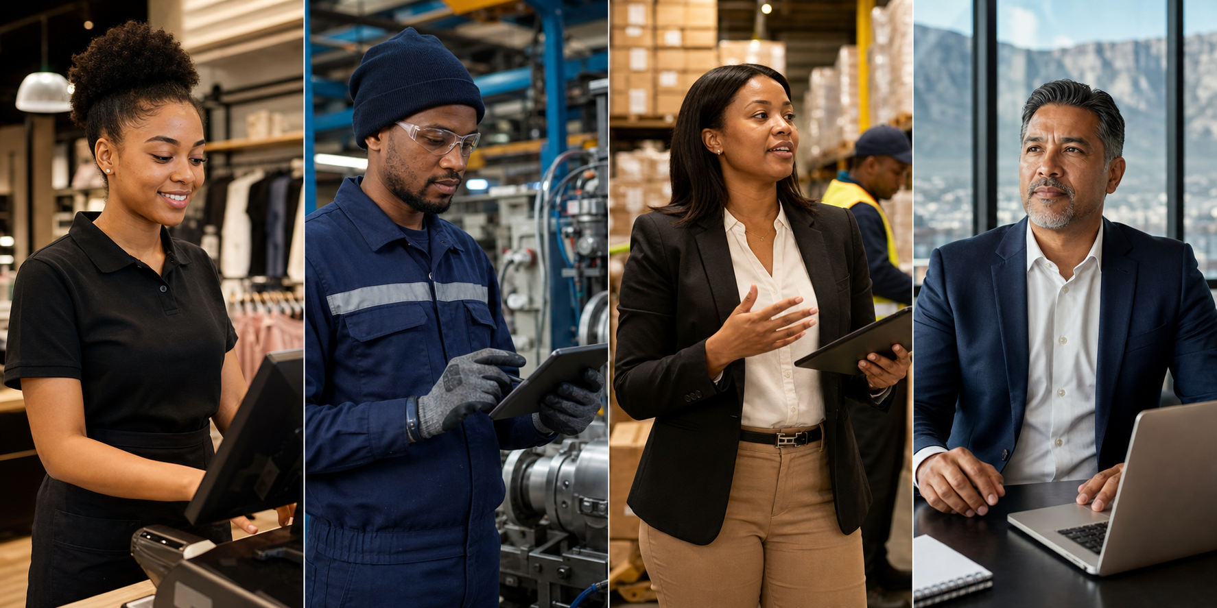 Four-panel collage of South African workers in distinct entry, technical, management and executive workplaces